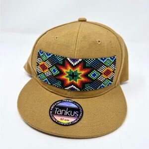 Tankus Beaded Front Tan Snapback Hat - Indigenous Style Geometric Sunburst